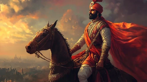 Regal warrior on horseback in cinematic digital painting composition.