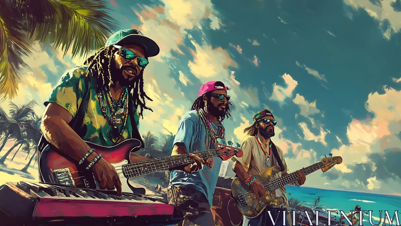 Caribbean beach band performing with guitars and keyboard.