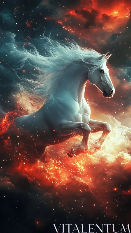 Mythic white stallion emerging through cosmic firestorm.