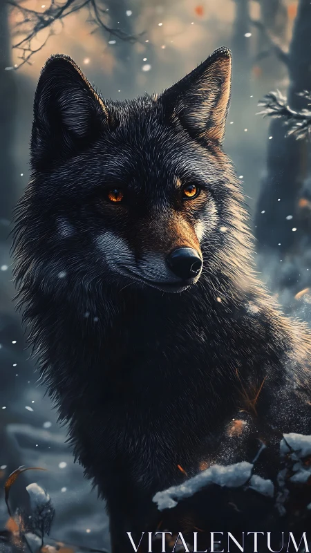 Wolf with ember eyes stands alert in snowy twilight forest