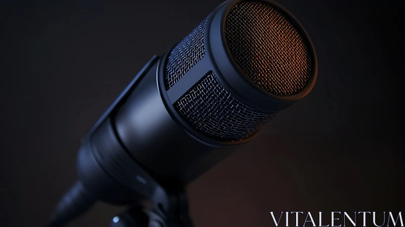 Professional condenser microphone against dark studio background