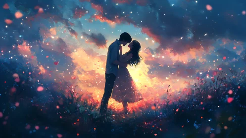 Couple Silhouetted Against Luminous Sunset