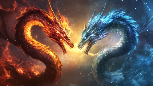 Elemental dragon duel ignites a blazing storm of frost and flame.