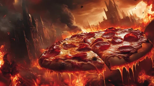 Pepperoni pizza slices in fiery infernal fantasy landscape.