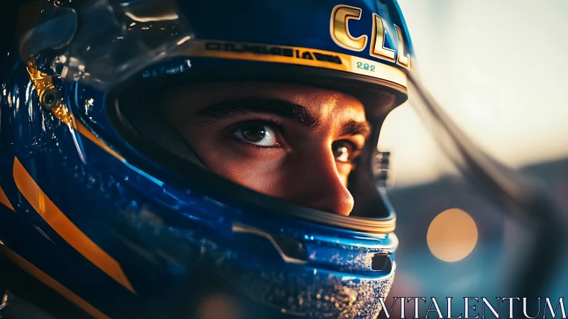 Close-up racing helmet portrait uses shallow depth of field