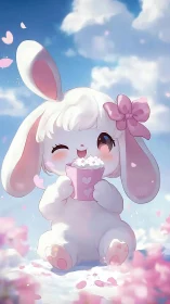 Soft-lit chibi bunny character drinking from heart mug in pastel scene