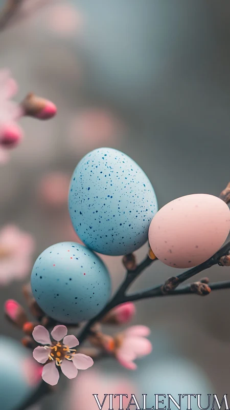 Speckled pastel eggs balanced on blooming spring branch.