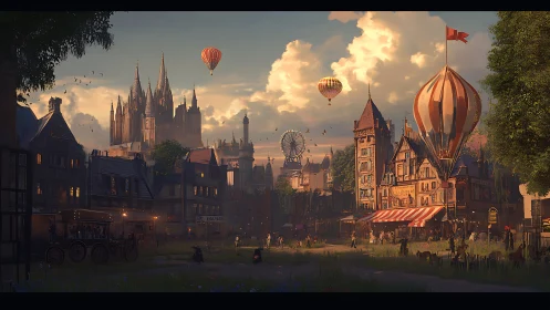 Sunlit steampunk town with drifting hot air balloons.