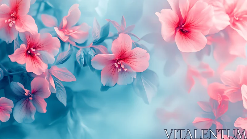 Ethereal Pink Blossoms Against Azure Gradient Bokeh Backdrop.