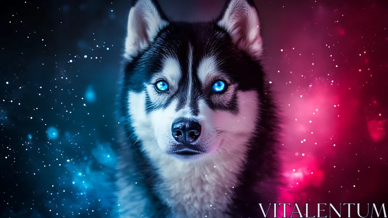 Cosmic husky gazes forward amid glowing nebula colors.