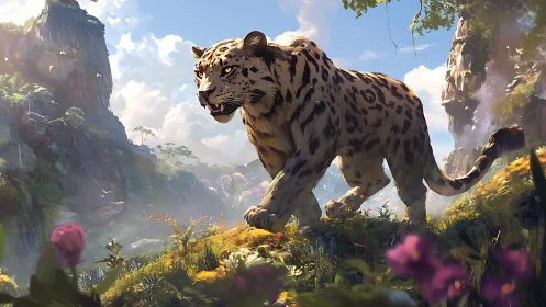 Large Spotted Leopard in Misty Mountain Valley Landscape