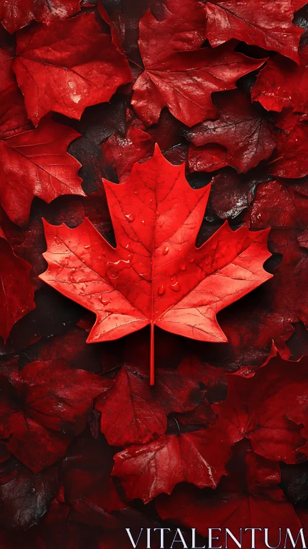 Red maple leaf macro on layered wet foliage background.