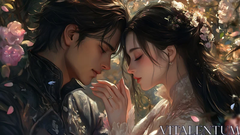 Two souls converge in golden light and blooming devotion