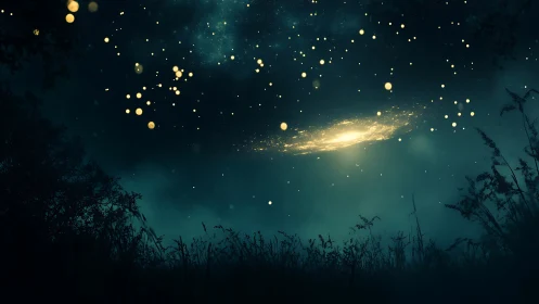 Night meadow under glowing galaxy and scattered lights.