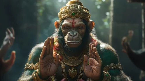 Sacred monkey deity raises calm blessing hands in jungle light