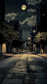 Moonlit empty city street with dramatic nocturnal contrast.