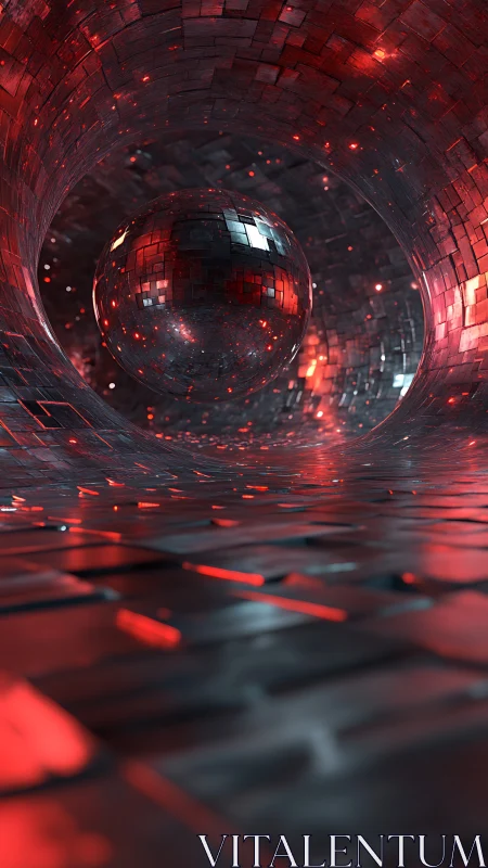 Spherical mirror form in red metallic tunnel environment.