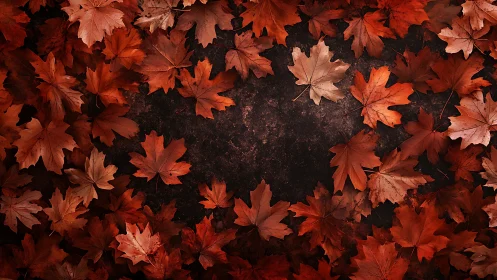 Dry maple leaves forming border on dark textured ground.