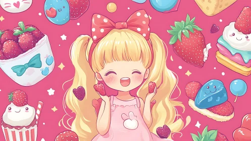 Strawberry daydream girl amid candy-bright kawaii treats.