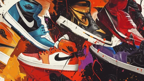 Sneaker legends tumble through splattered comic-color chaos