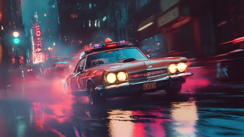 Retro police cruiser in neon-lit rainstorm motion sequence.