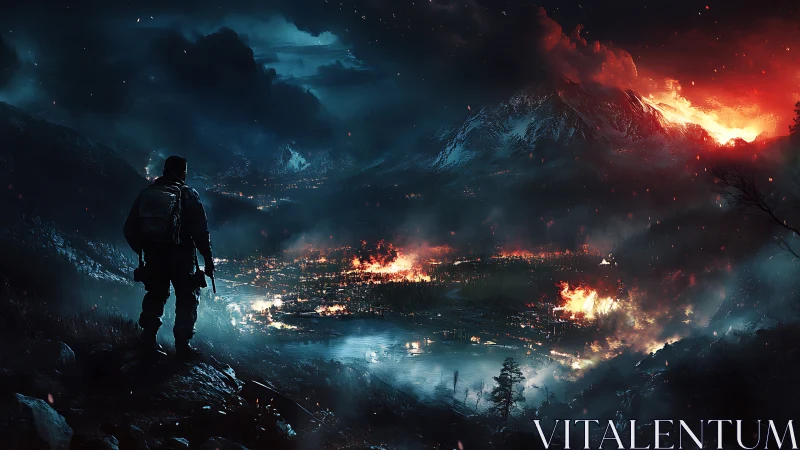 Lone wanderer watches a burning valley under stormed skies.