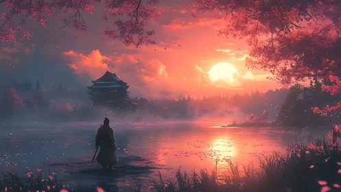 Samurai watches burning sunset over misty sakura lake.