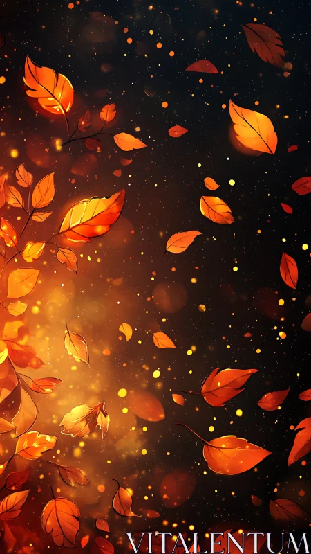 Luminous Autumn Leaves Drift Through Dark Night Sky.