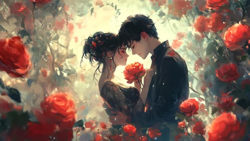 Two Figures Among Red Roses in Backlit Setting
