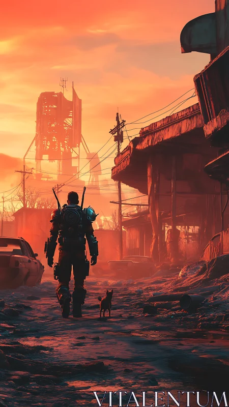 Armored wanderer crossing dystopian ruins at sunset.