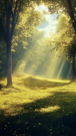 Sunlit deciduous forest glade with volumetric morning light