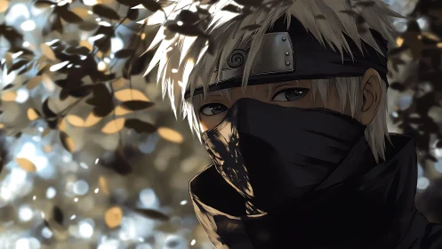 Masked leaf-shadow wanderer in soft golden bokeh hush.