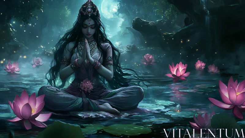 Meditating goddess in bioluminescent lotus lagoon with atmospheric depth