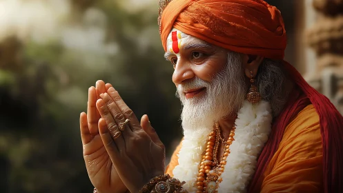 Elderly Hindu guru in saffron robes under warm soft light.