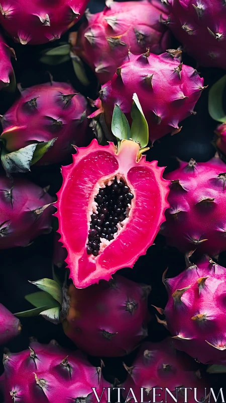 Cross-section of pink tropical fruit among whole specimens.