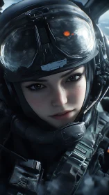 Futuristic female pilot stares ahead in reflective cockpit.