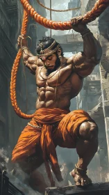 Mythic monkey warrior descends on blazing saffron ropes.