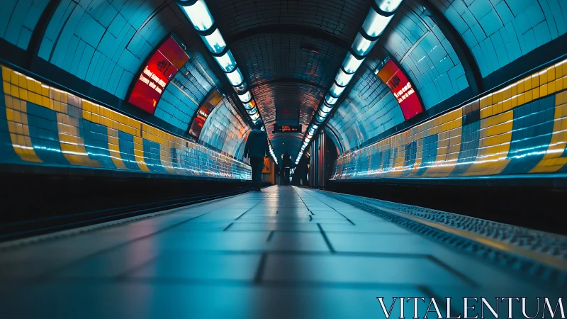 Low vantage view of illuminated tiled underground platform.