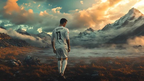 Soccer player stands in alpine valley under clouded mountains