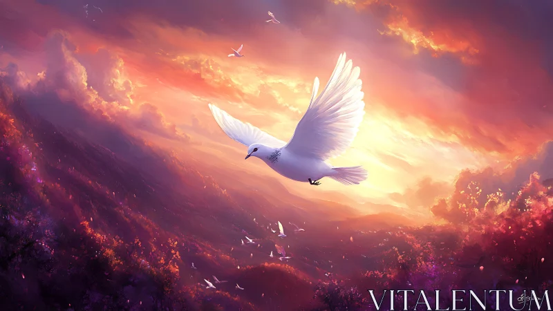 White dove flies across vivid sunset sky over valley