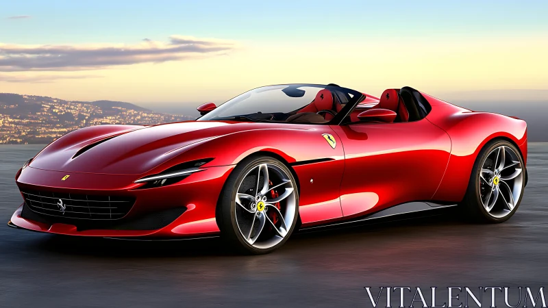 Low-angle sunset view of red Ferrari roadster sports car