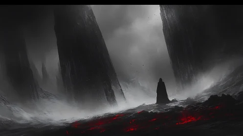 Wanderer of the ash horizon under towering obsidian cliffs.