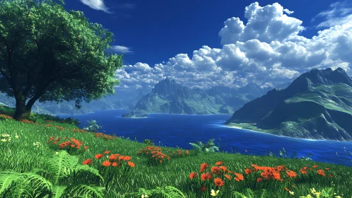 Vibrant coastal landscape with wildflowers and mountains.