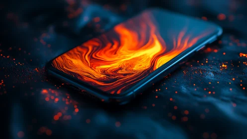 Photorealistic smartphone with molten lava display surface.