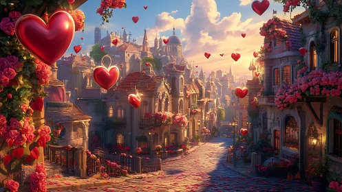 Medieval Fantasy Cityscape with Volumetric Red Heart Balloons and Floral Arrangements. Period.