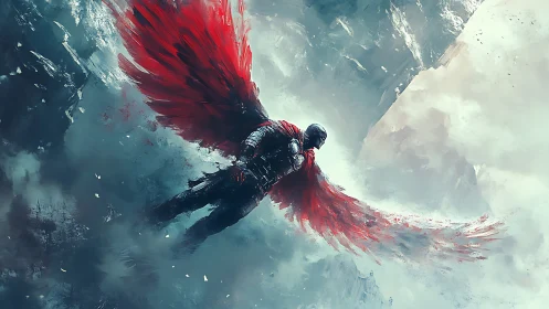 Armored winged warrior soars through storm-torn frozen skies