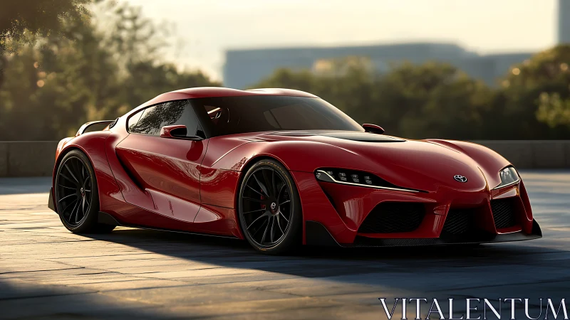 Red Toyota sports coupe parked on sunlit paved plaza.