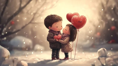 Children Exchange Love in Snowy Winter Romance.