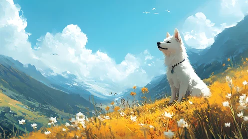 Digital painting of white dog in alpine wildflower meadowscape.