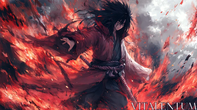 Fire-swept warrior strides through stormlit inferno of ash.